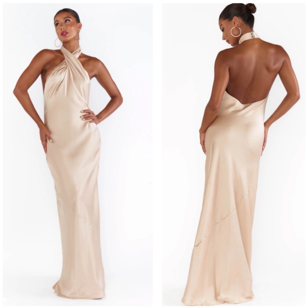 Show Me Your Mumu Jasmine Halter Maxi Dress Champagne Luxe Satin Bridesmaid S